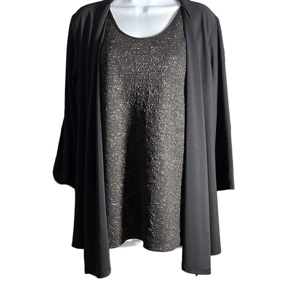 Dennis Basso Caviar Crepe Cardigan W/ Attached Lurex Shell Black Size Medium